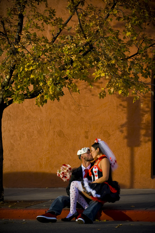 Bride and groom portrait on halloween in Durango Colorado